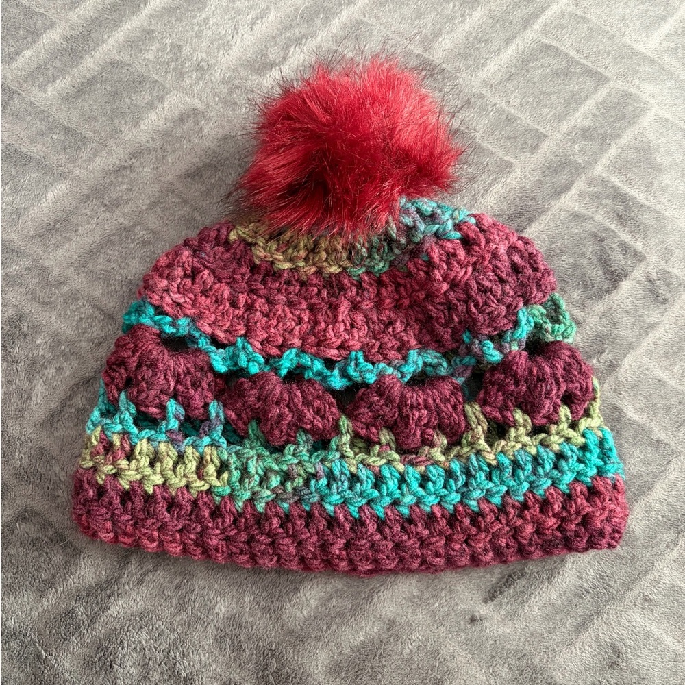 Handmade Crocheted Beanie - Maroon Multicolor w/Red Pom Pom
